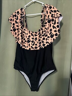 Ruffled Animal Print Black One-Piece Swimsuit